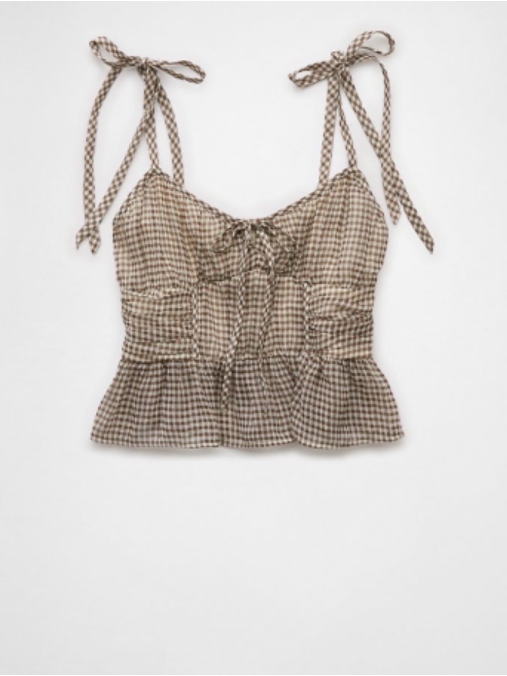 American Eagle Outfitters Brown and White Gingham Tie-Shoulder Crop Top - Picture 4 of 4